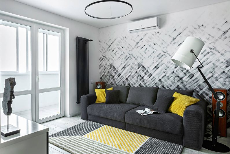 Дизајн ентеријера дневне собе у црно-белој боји - фотографија