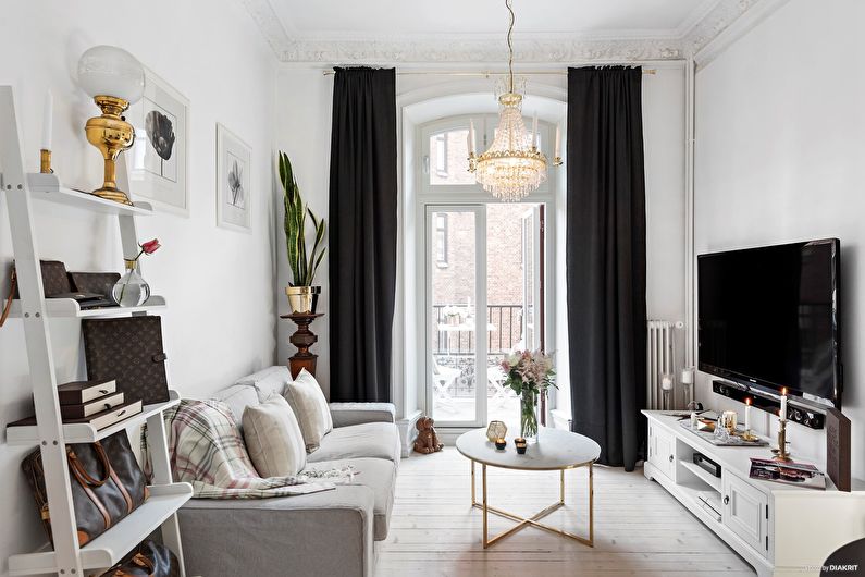 Dzīvojamās istabas interjera dizains melnbaltā krāsā - foto