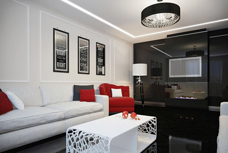 Interiérový dizajn obývacej izby v čiernej a bielej - foto