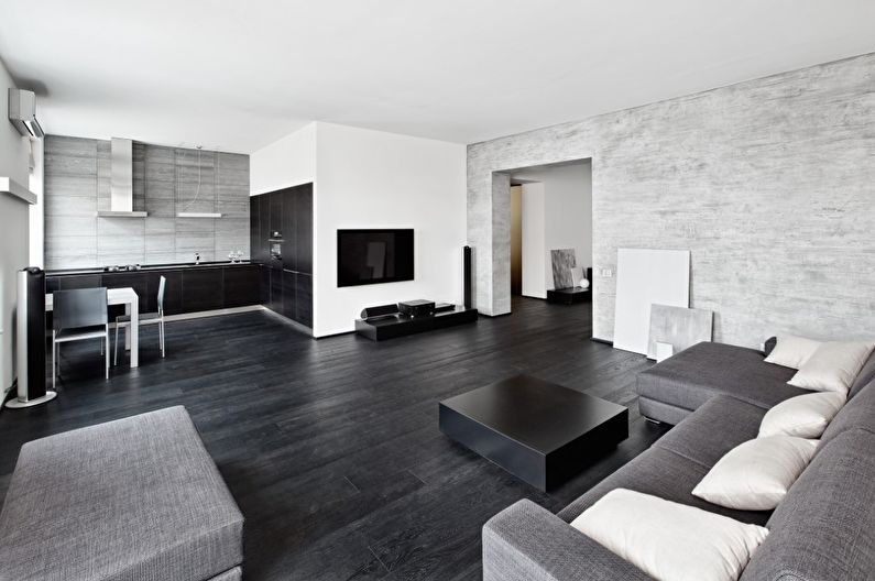 Dzīvojamās istabas interjera dizains melnbaltā krāsā - foto