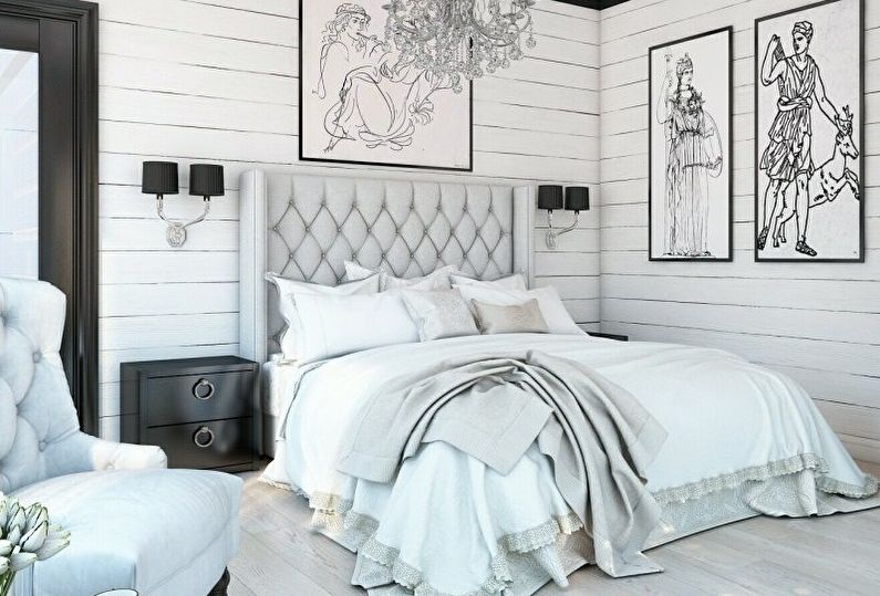 การออกแบบตกแต่งภายในห้องนอนสีดำและสีขาว - ภาพถ่าย