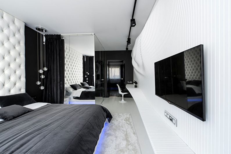 Fekete-fehér hálószoba belsőépítészet - fénykép