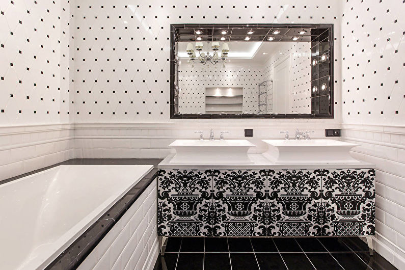 Vannas istabas interjera dizains melnbaltā krāsā - foto