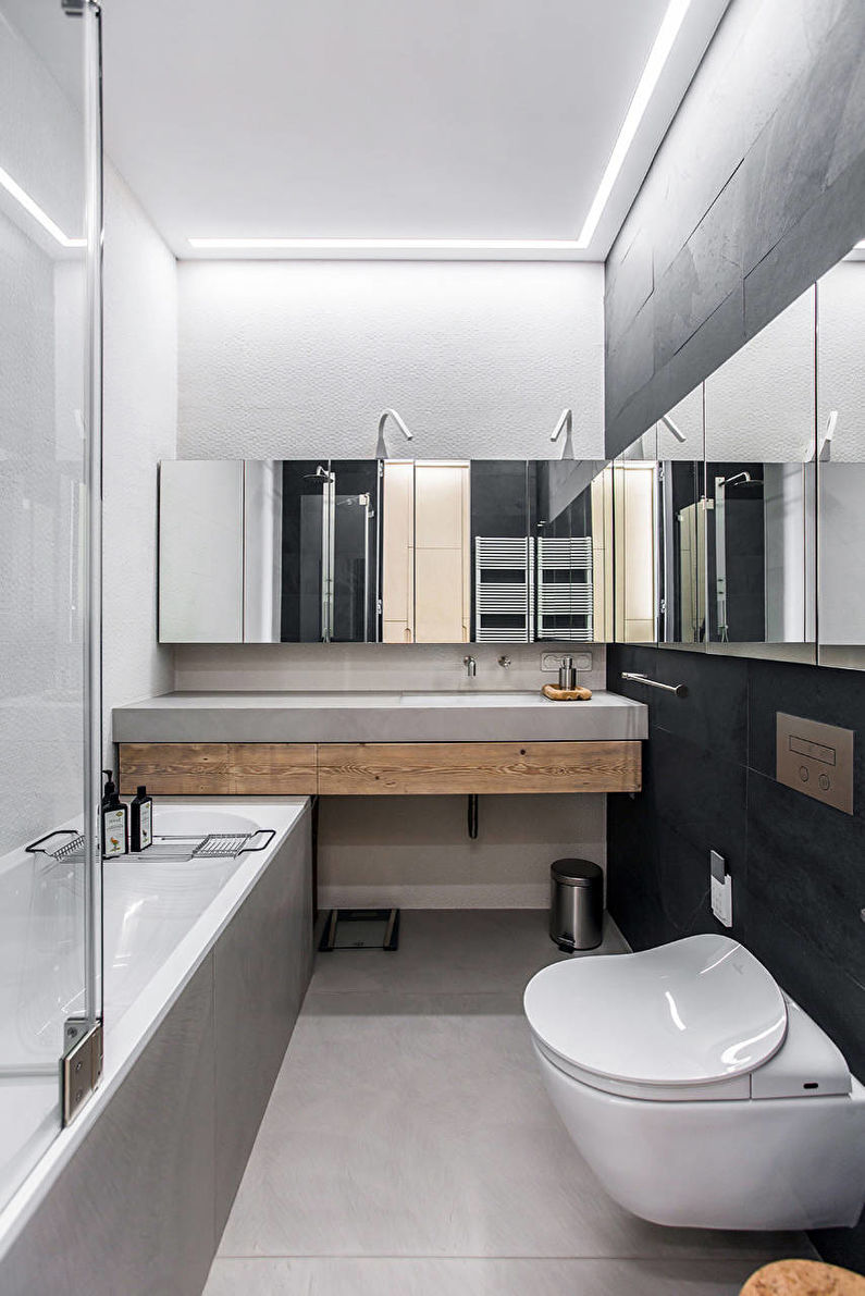 Reka bentuk dalaman bilik mandi dalam warna hitam dan putih - foto