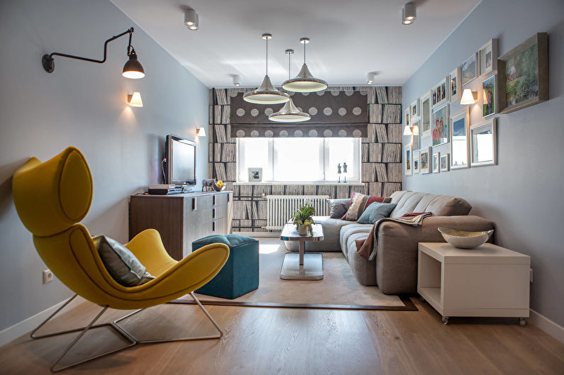 Užuolaidos mažam gyvenamajam kambariui (holui) modernaus stiliaus - nuotrauka