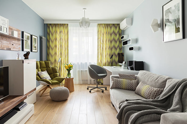 Cortinas amarelas com um padrão para a sala de estar (hall) - foto