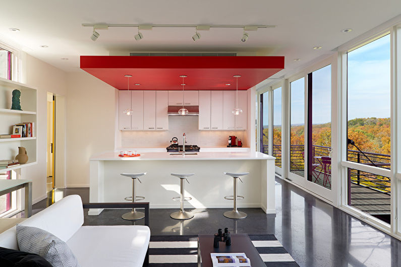 Дизайн на таван от гипсокартон в кухнята - снимка