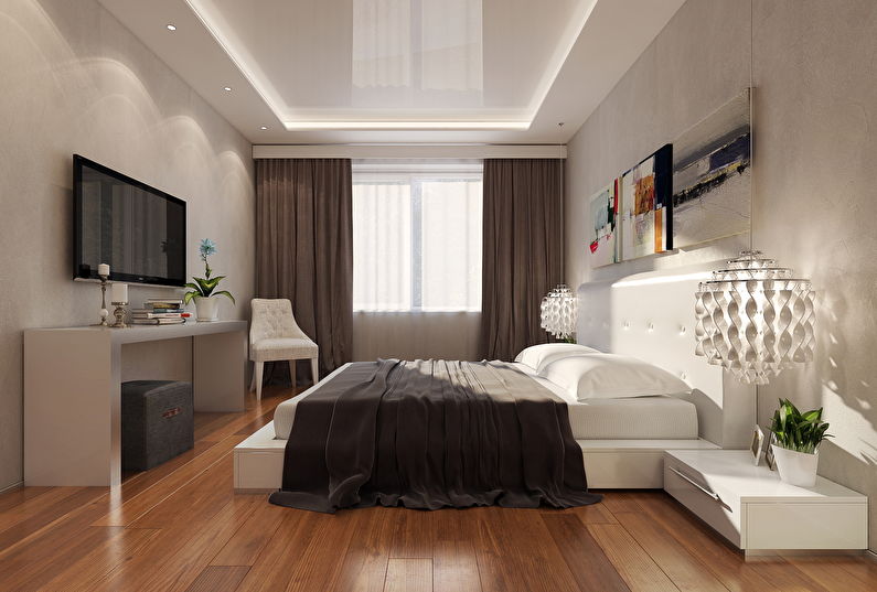 Hvidt blankt strækloft i soveværelset - foto