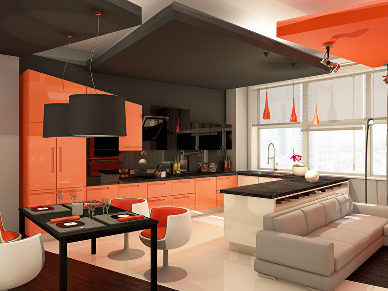 Projekt kuchni-salonu „Pomarańczowy nastrój”