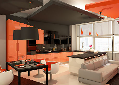 Projekto virtuvė-svetainė „Oranžinė nuotaika“