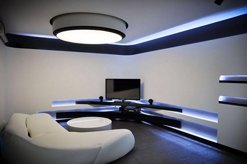 Recursos de design de sala de estar de alta tecnologia