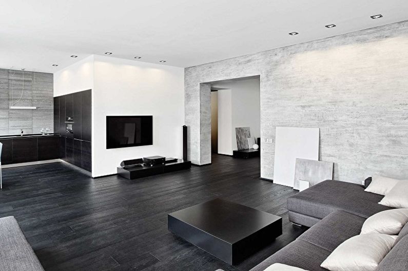 Czarno-biały salon w stylu high-tech - architektura wnętrz