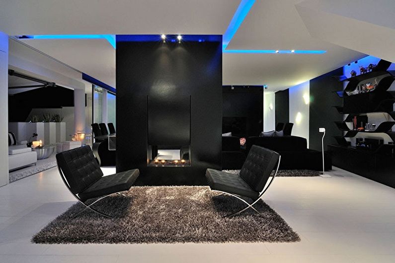 Црна и бела дневна соба у високотехнолошком стилу - Дизајн ентеријера