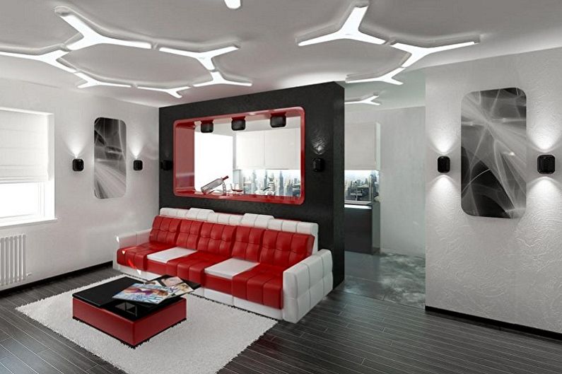 Červený high-tech obývací pokoj - interiérový design
