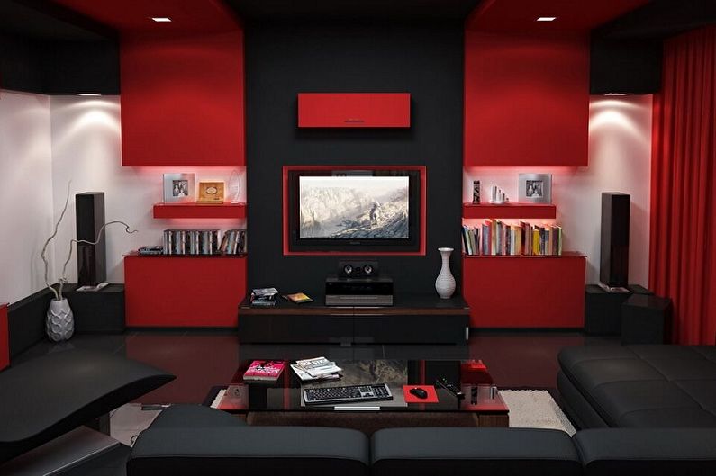 Piros csúcstechnikai nappali - belsőépítészet