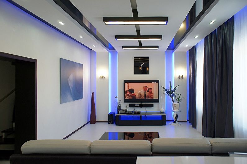Zila augsto tehnoloģiju stila dzīvojamā istaba - interjera dizains