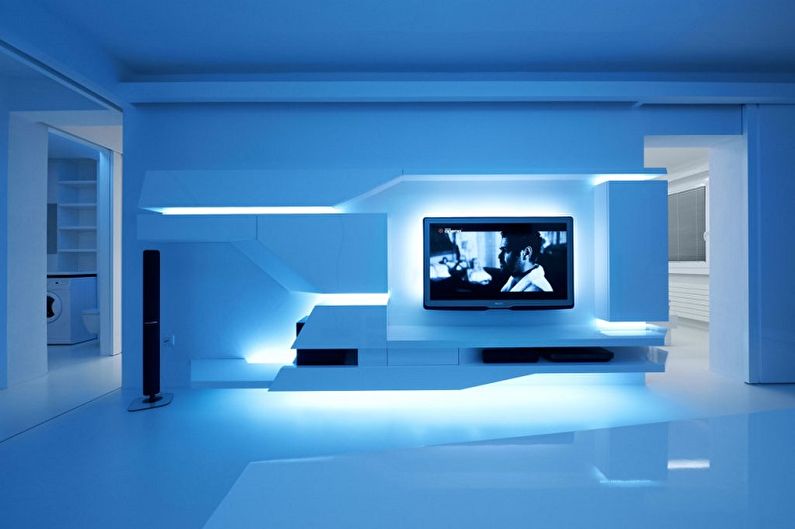 Blått vardagsrum i högteknologisk stil - Interiördesign