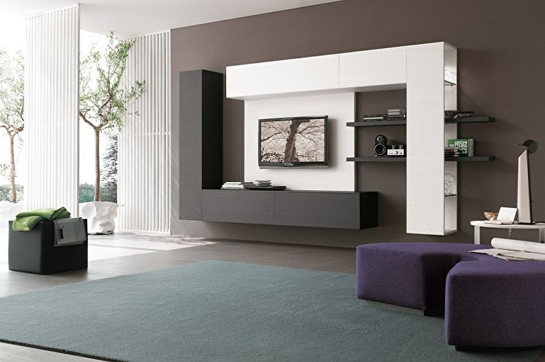 Aukštųjų technologijų gyvenamojo kambario dizainas - grindų apdaila