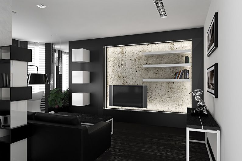 Aukštųjų technologijų gyvenamojo kambario dizainas - sienų dekoravimas