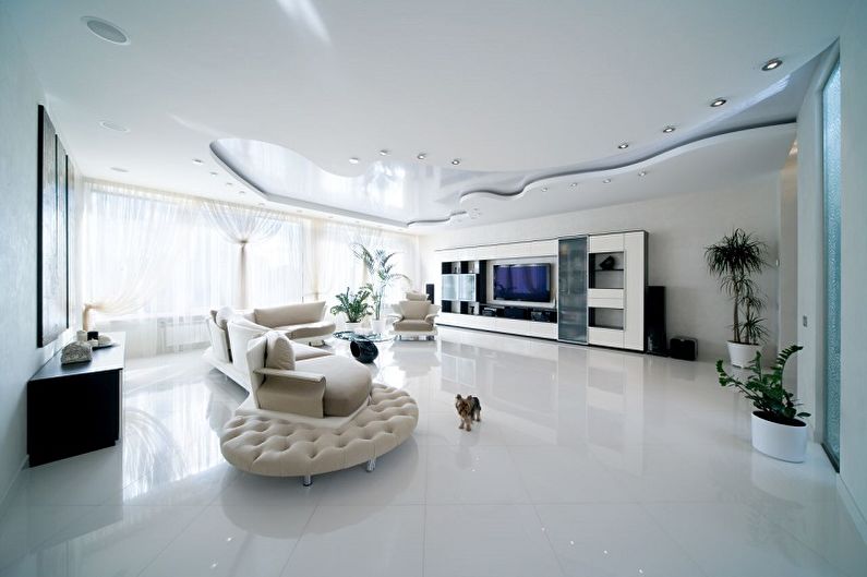 Aukštųjų technologijų gyvenamojo kambario dizainas - lubų apdaila