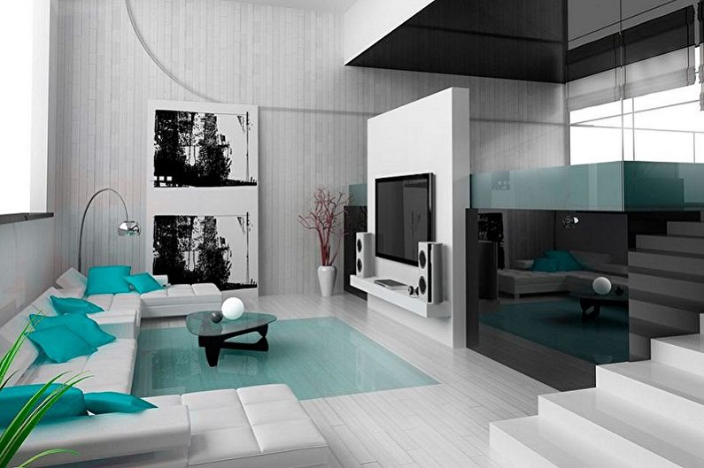 Augsto tehnoloģiju stila dzīvojamā istaba - interjera dizaina foto