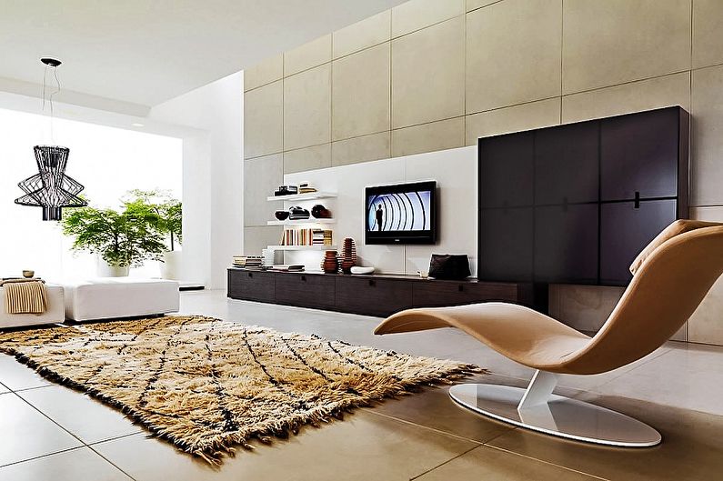 Augsto tehnoloģiju stila dzīvojamā istaba - interjera dizaina foto