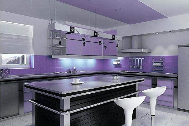 Violetinė aukštųjų technologijų virtuvė - interjero dizainas
