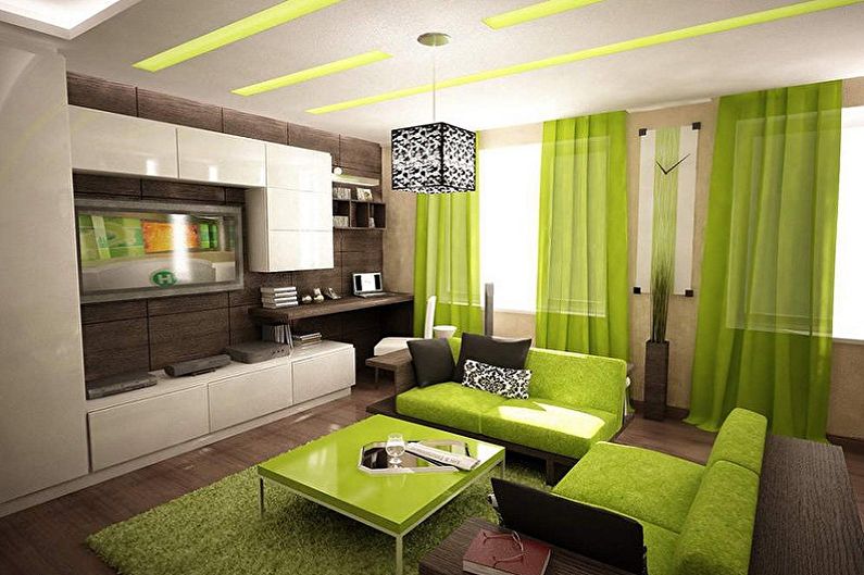 Color verde en el interior de la sala de estar. Combinación de colores.