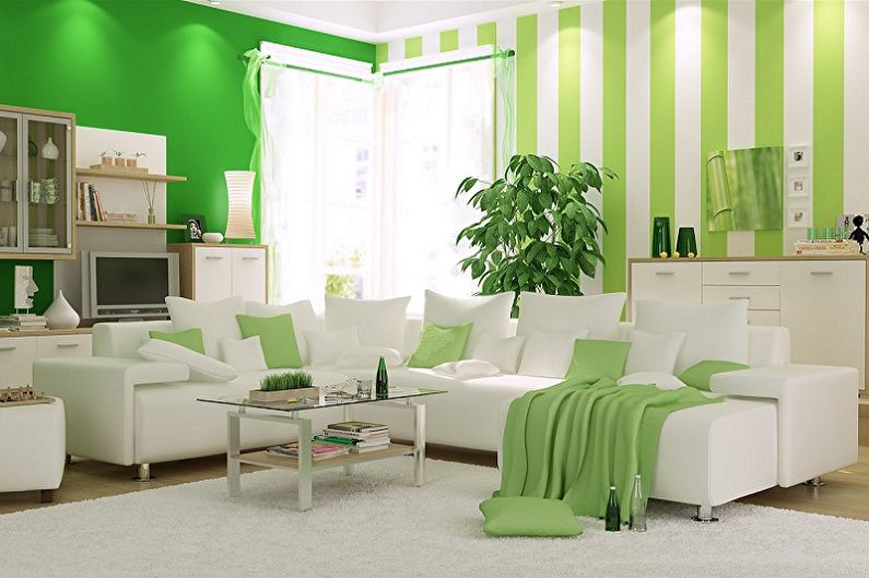 สีเขียวในการตกแต่งภายในของห้องนั่งเล่น - การรวมกันของสี