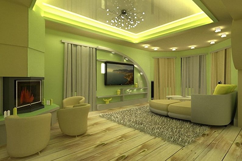 Zaļa krāsa dzīvojamās istabas interjerā - krāsu kombinācija
