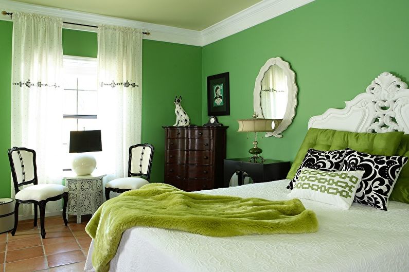 Zelená farba v interiéri spálne - kombinácia farieb