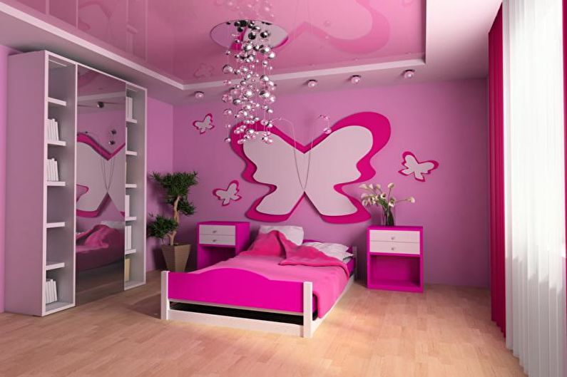 Rozā bērnu istabas dizains - griestu apdare