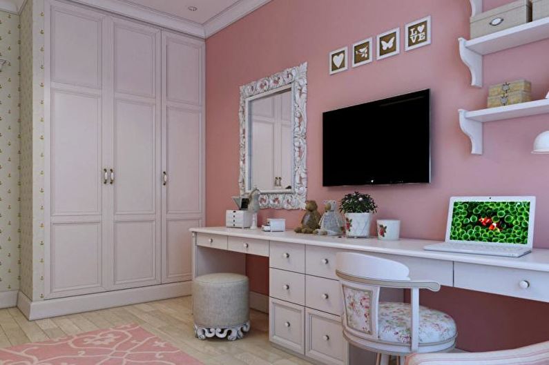 Rožinis kūdikių kambario dizainas - baldai