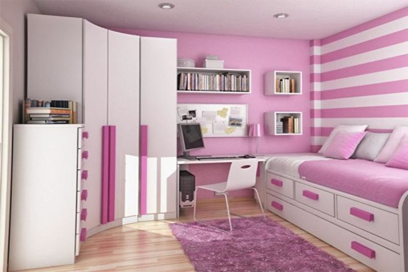 Mažas rožinis vaikų kambarys - interjero dizainas