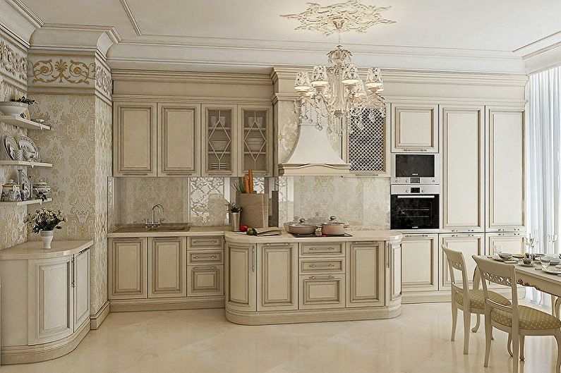 Smėlio spalvos klasikinio stiliaus virtuvė - interjero dizainas