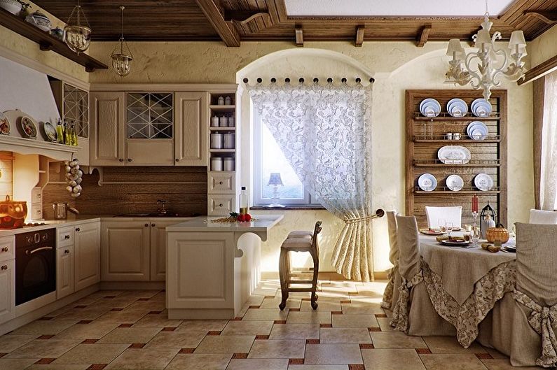 Beige Country stiliaus virtuvė - interjero dizainas