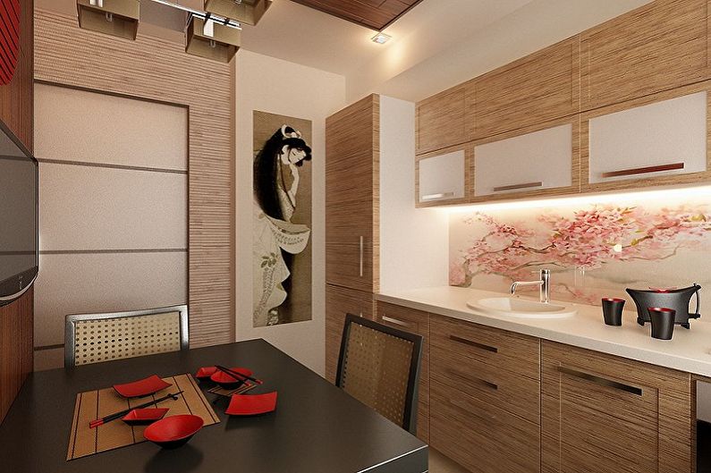 Rytų stiliaus smėlio spalvos virtuvė - interjero dizainas