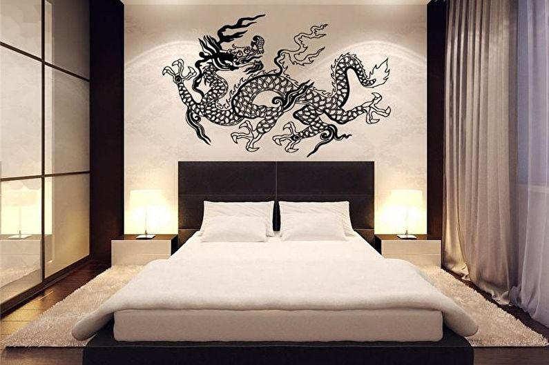 Melnbalta japāņu stila guļamistaba - interjera dizains