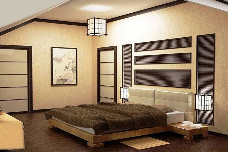 Japoniško stiliaus smėlio spalvos miegamasis - interjero dizainas
