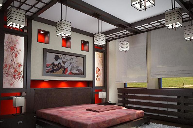 Dormitorio rojo de estilo japonés - Diseño de interiores