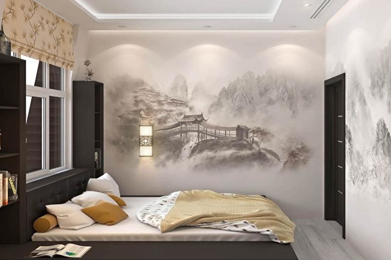 Japāņu stila guļamistabas dizains - sienas dekorēšana