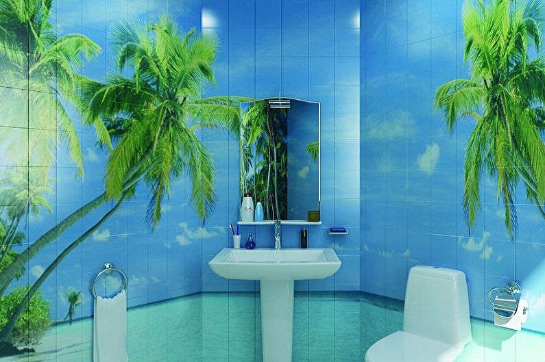 Dizaina idejas plastmasas paneļiem vannas istabai - aptiniet ar plēvi un uzlīmēm