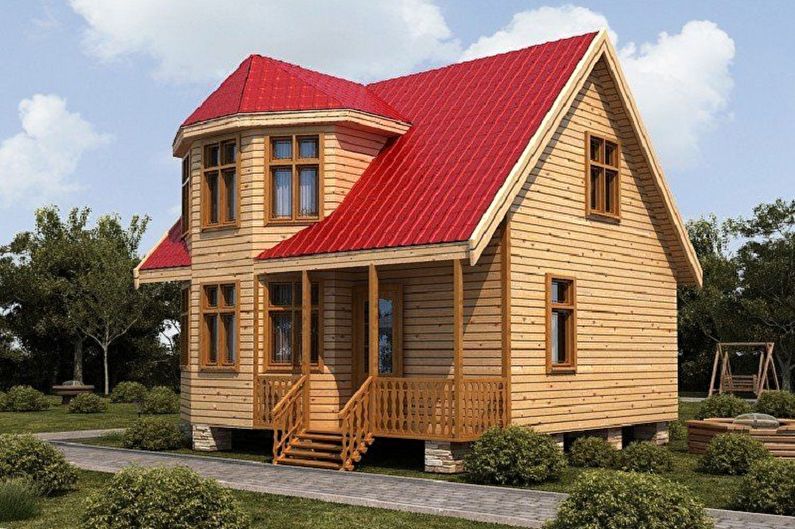 Mājas, kas izgatavotas no kokmateriāliem ar lauru logu