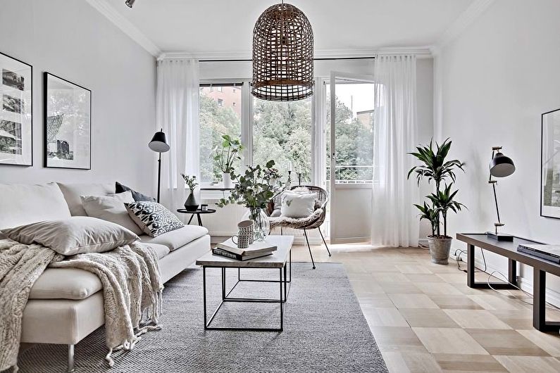 Skandinaviško stiliaus gyvenamojo kambario dizainas