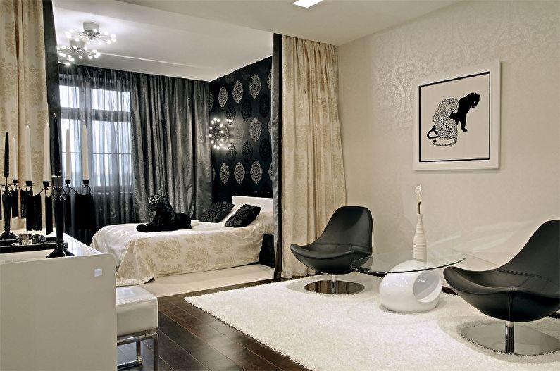 Klasiskā guļamistaba-dzīvojamā istaba - interjera dizains