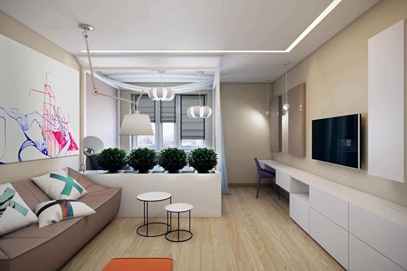 Minimālisma guļamistaba-dzīvojamā istaba - interjera dizains