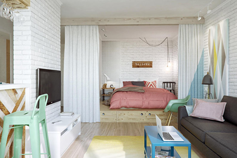 Skandināvu stila guļamistaba-viesistaba - interjera dizains