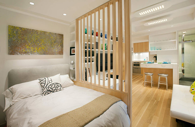 Интериорен дизайн на хол, комбиниран със спалня - снимка