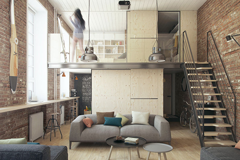 Interiørdesign i en stue kombinert med et soverom - foto