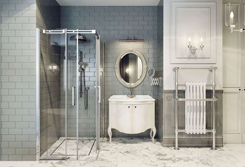 Klasikinis pilkas vonios kambarys - interjero dizainas